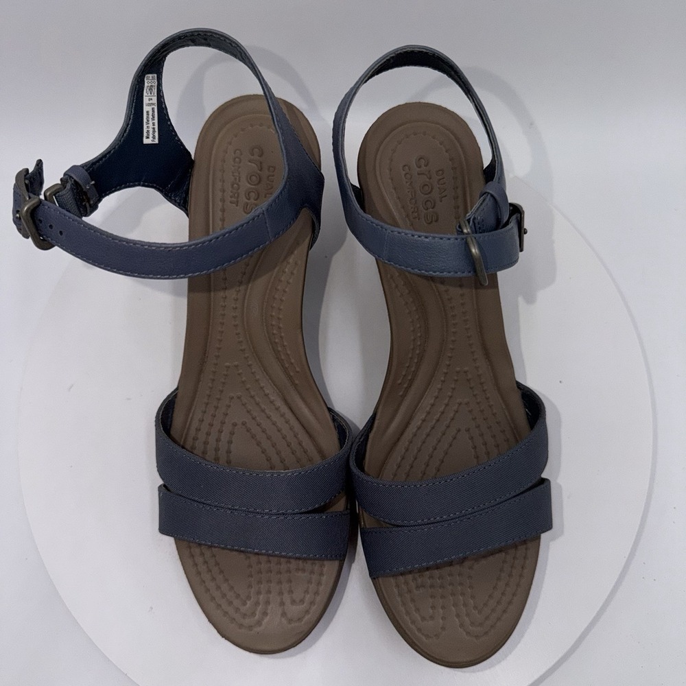 Crocs Leigh II Cross Strap Ankle Wedge Sandals Blue Canvas Womens 8 Comfort - Picture 7 of 9